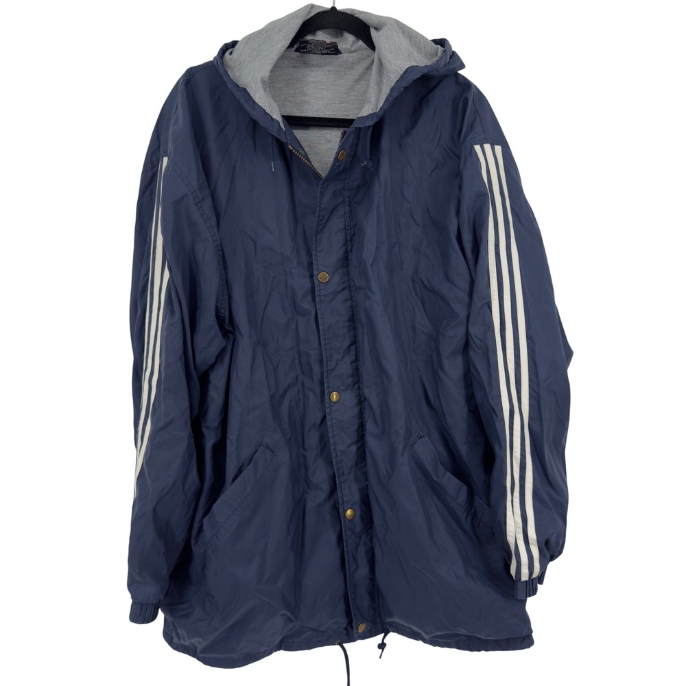 Vintage Y2K Adidas Navy Blue Track Jacket 3 Stripe Hooded Zip Jersey Lined Large